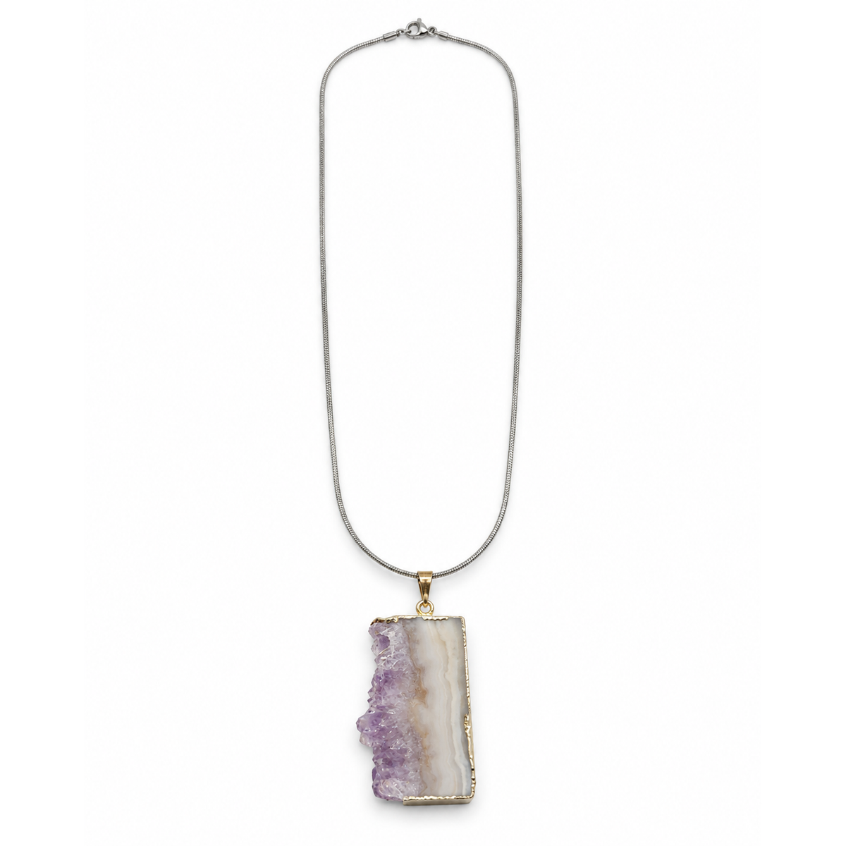 Amethyst druzy and agate pendant necklace with silver-tone snake chain, complete centered flat lay on white background