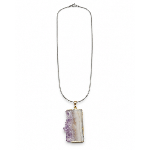 Amethyst druzy and agate pendant necklace with silver-tone snake chain, complete centered flat lay on white background