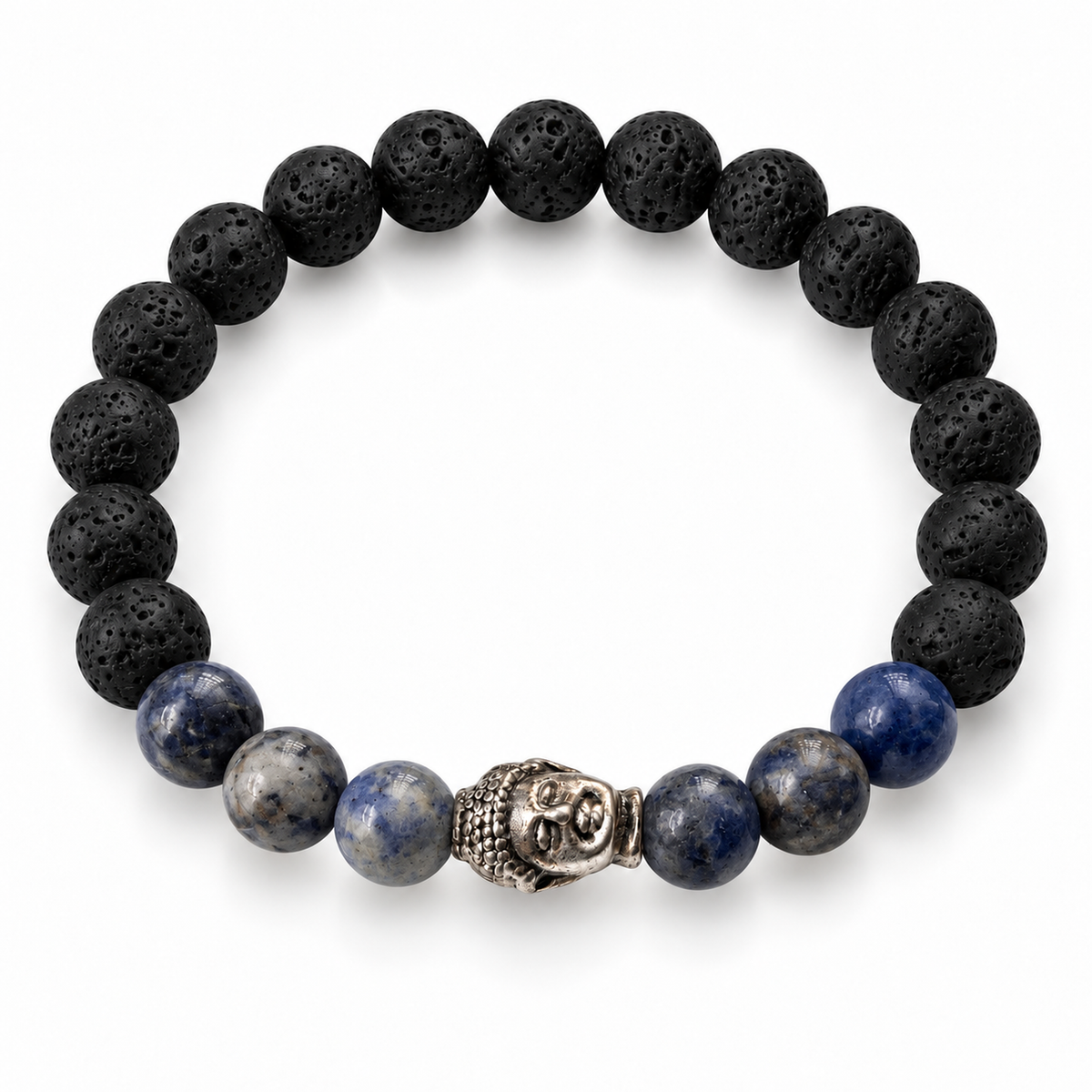 Buddha Lava Stone Bead Bracelet – Dark Blue – complete circular 7-inch bracelet on white background