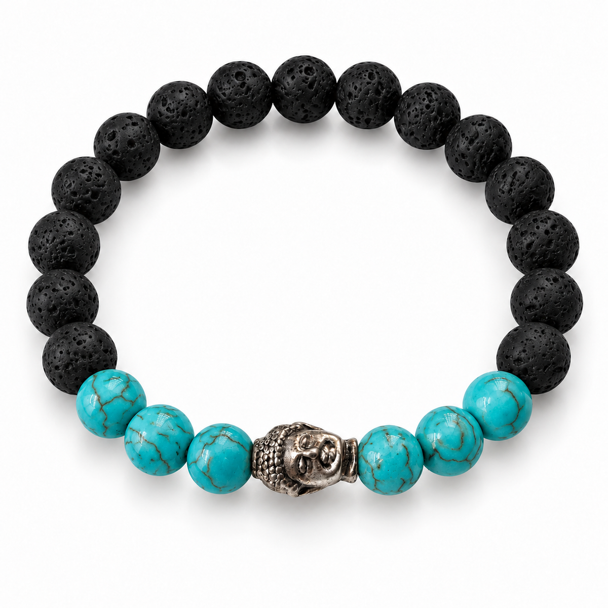 Buddha Lava Stone Bead Bracelet – Turquoise – complete circular 7-inch bracelet on white background