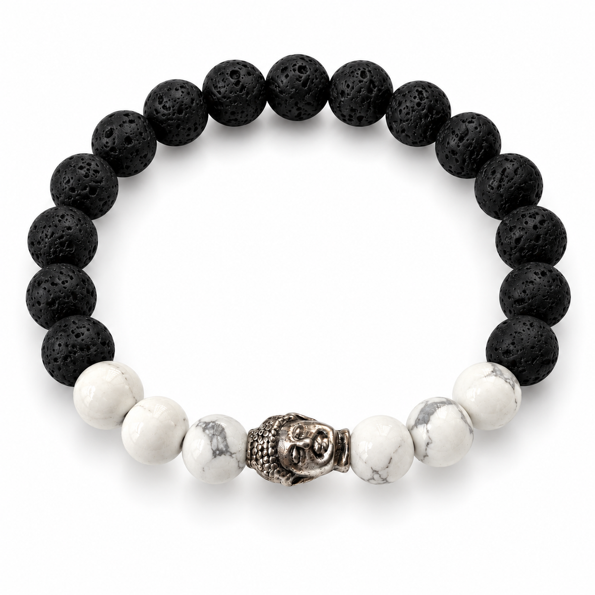 Buddha Lava Stone Bead Bracelet – White – complete circular 7-inch bracelet on white background