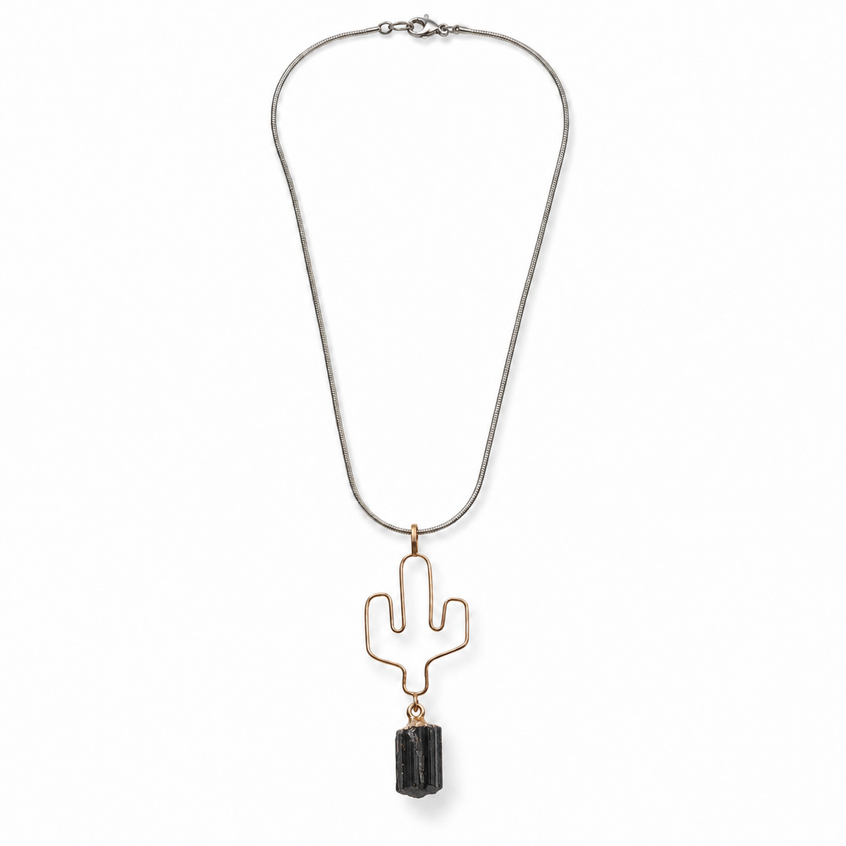 Cactus Stone Charm Necklace — Black stone variant, full necklace overhead hero