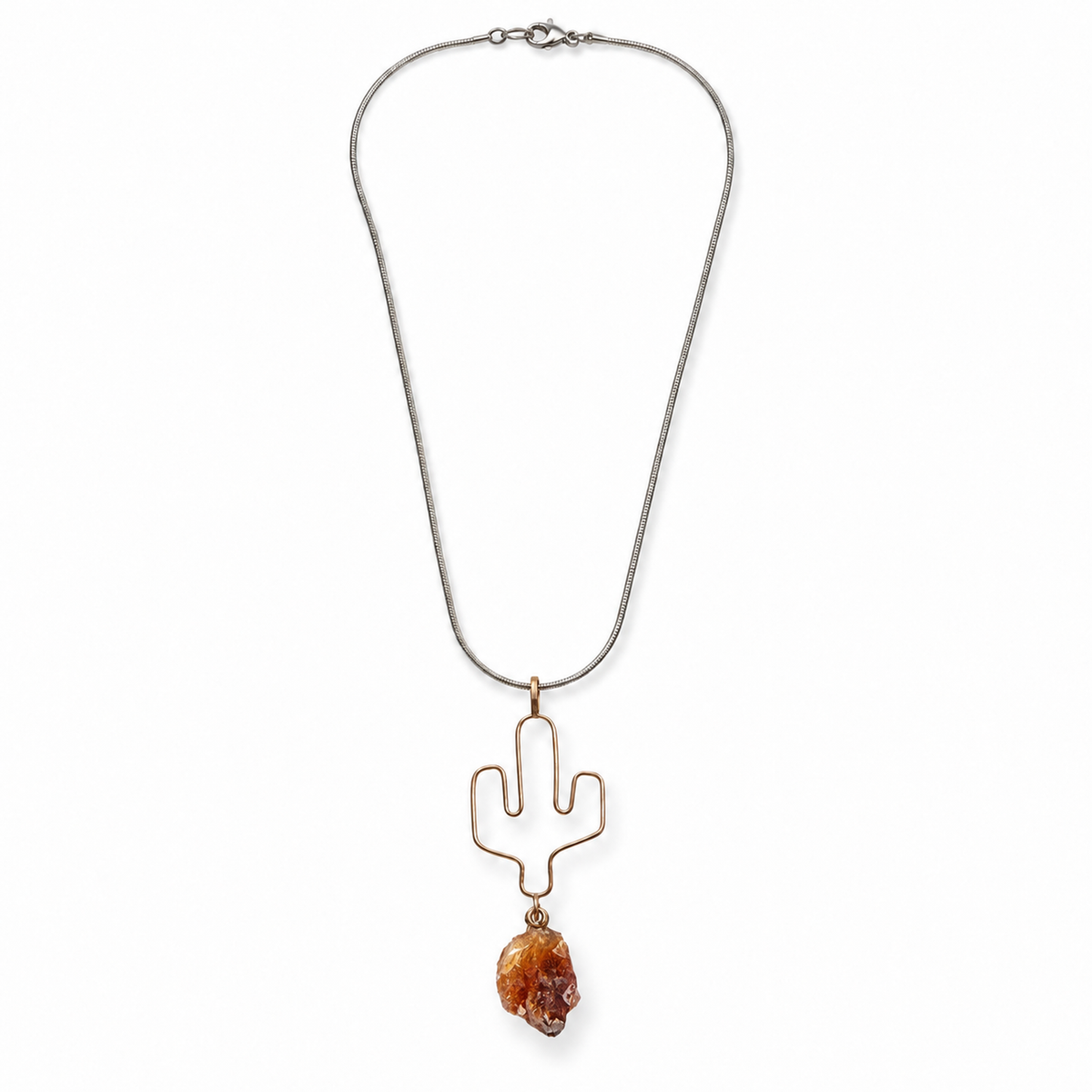 Cactus Stone Charm Necklace — Brown stone variant, full necklace overhead hero