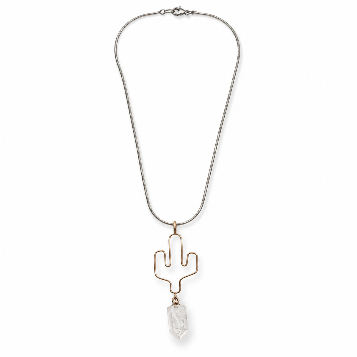 Cactus Stone Charm Necklace — Clear stone variant, full necklace overhead hero