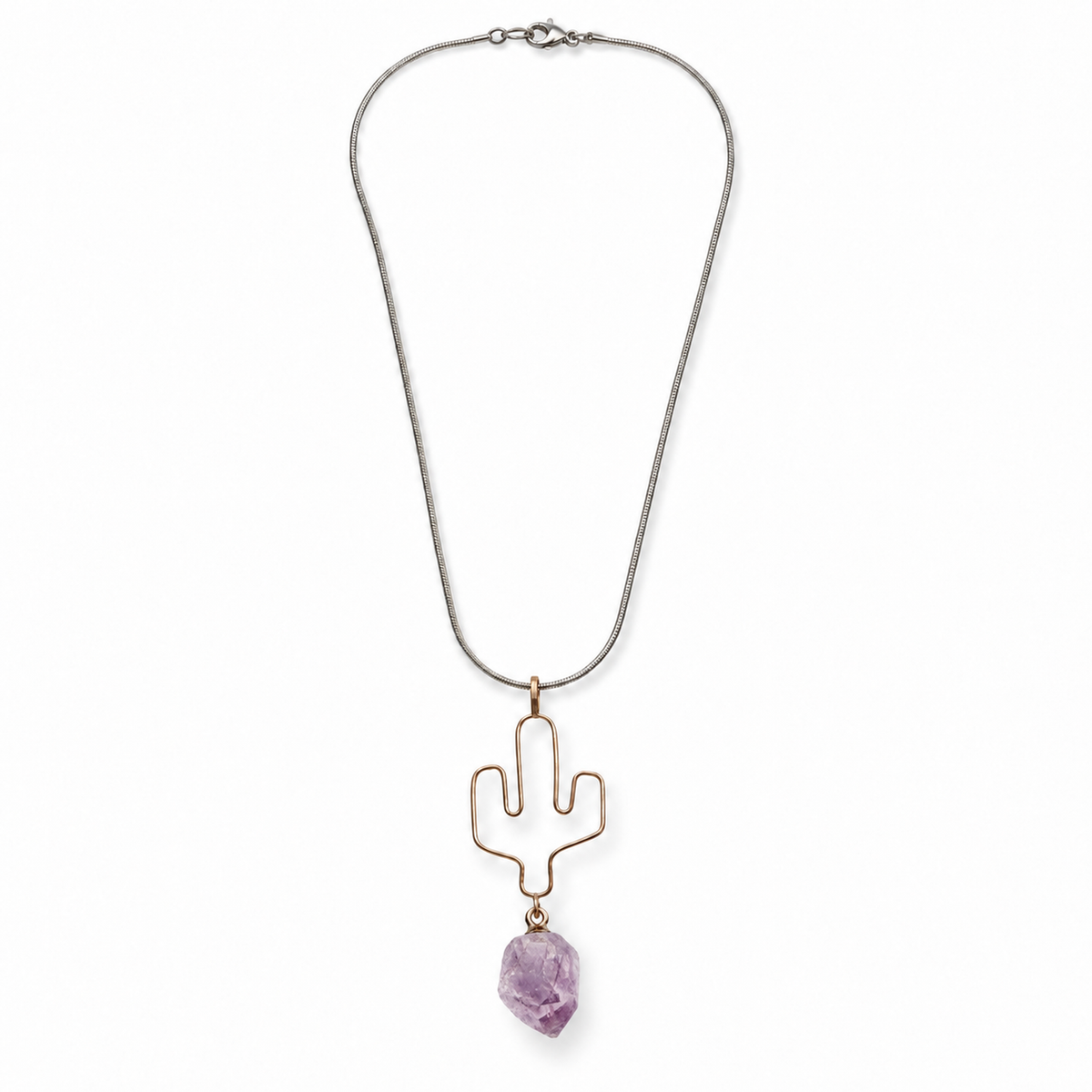 Cactus Stone Charm Necklace — Purple stone variant, full necklace overhead hero