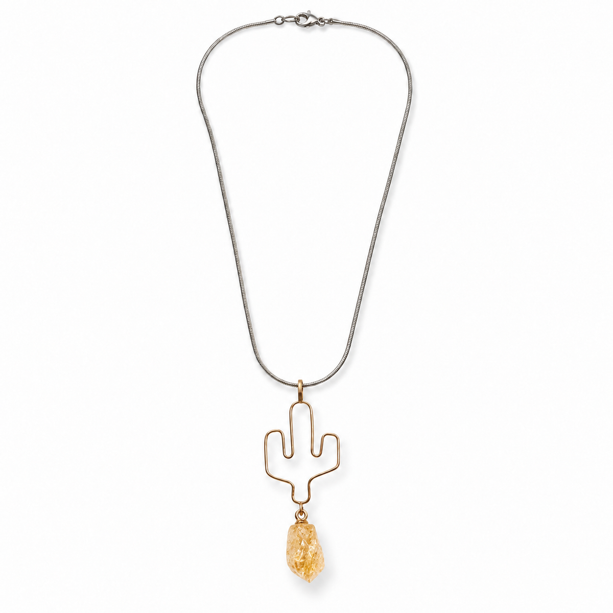 Cactus Stone Charm Necklace — Yellow stone variant, full necklace overhead hero