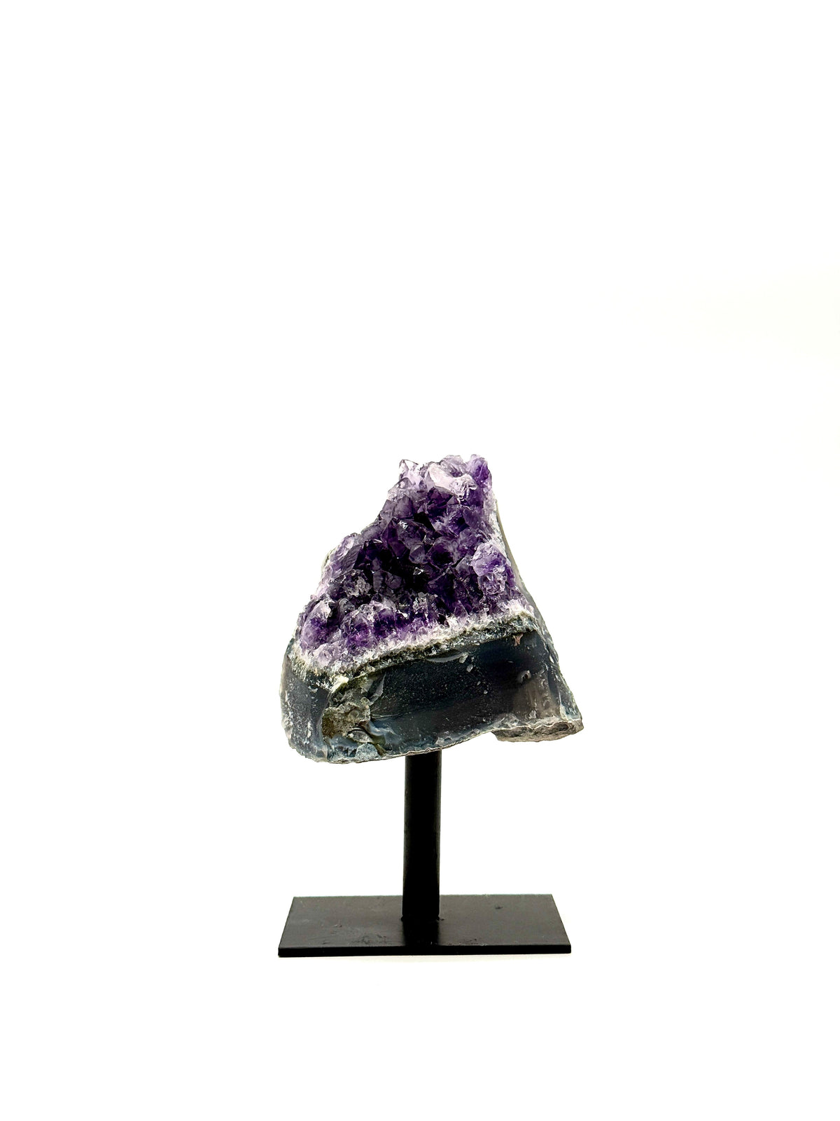 Broad Lavender Amethyst Crystal Cluster on Black Metal Stand