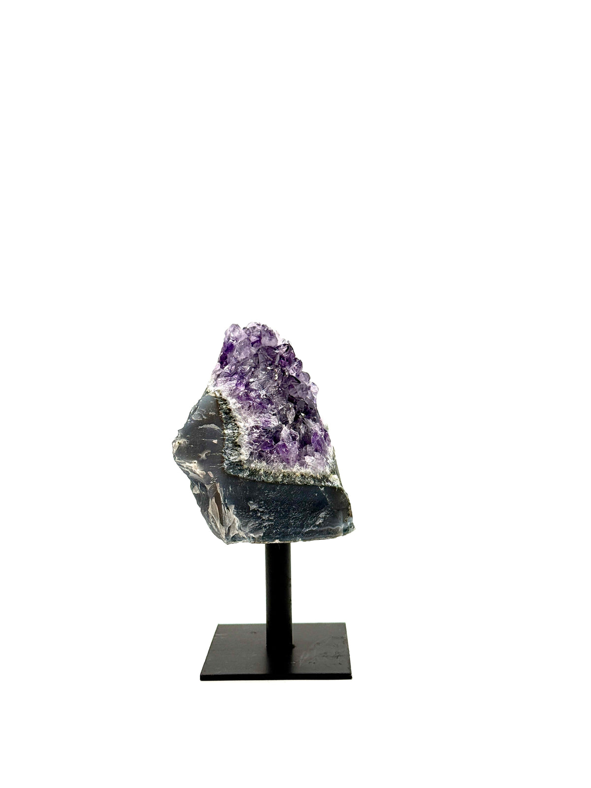 Broad Lavender Amethyst Crystal Cluster on Black Metal Stand