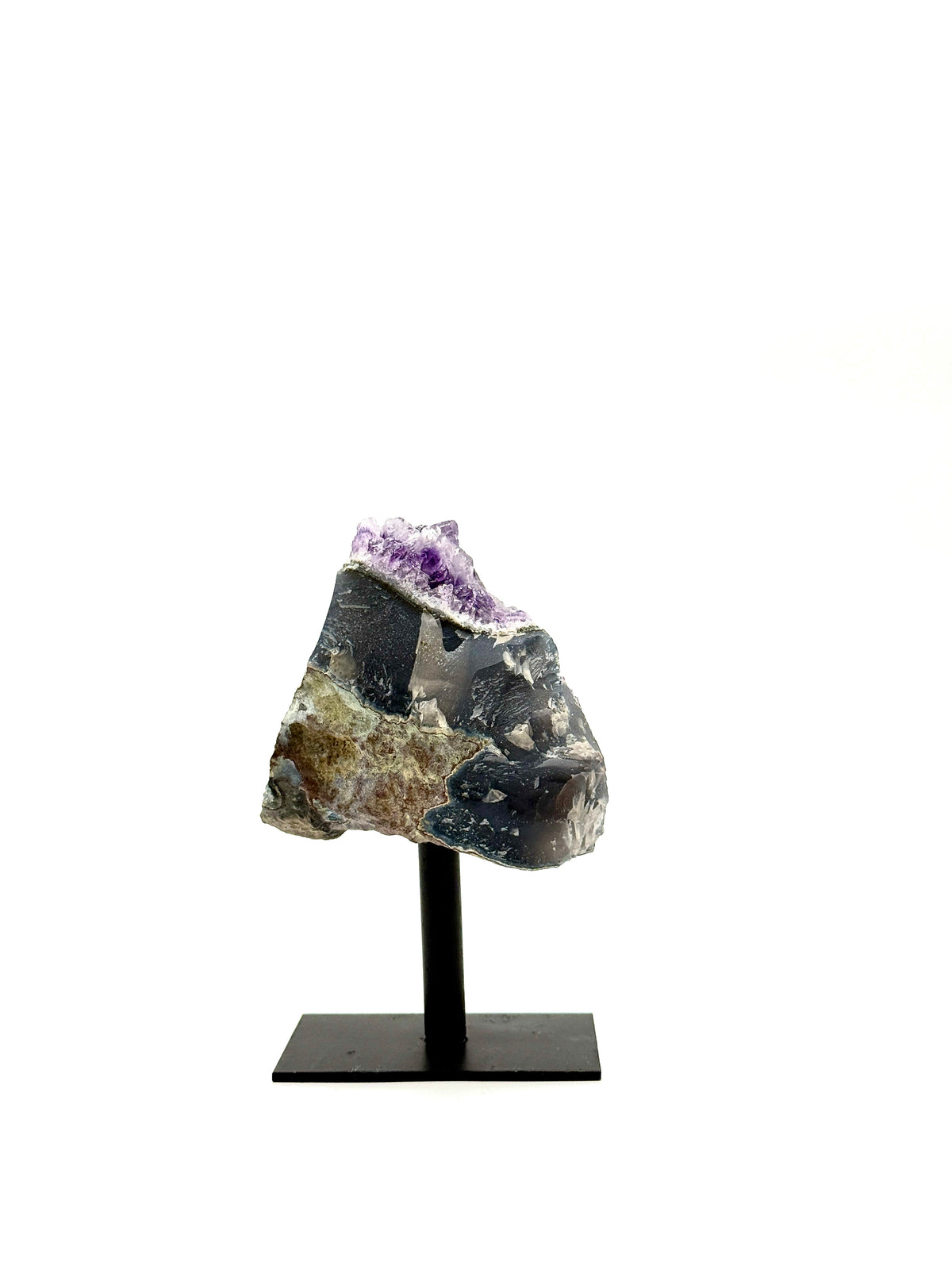 Broad Lavender Amethyst Crystal Cluster on Black Metal Stand
