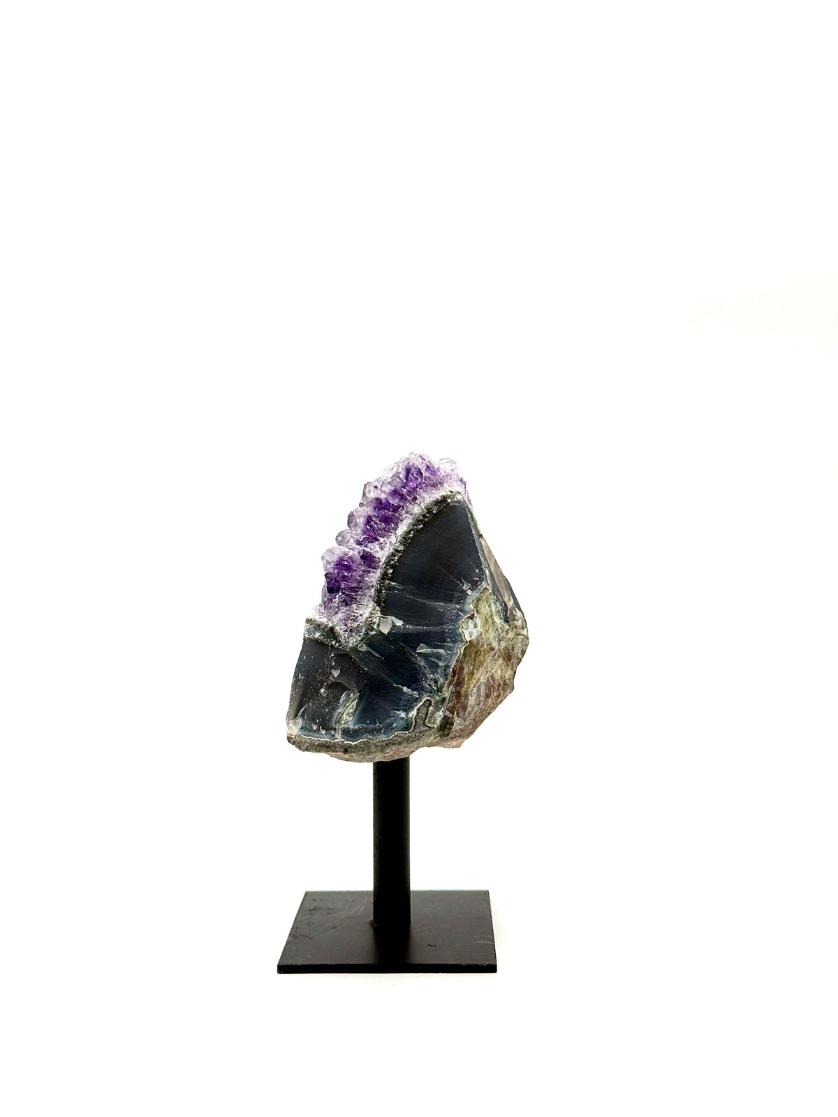 Broad Lavender Amethyst Crystal Cluster on Black Metal Stand