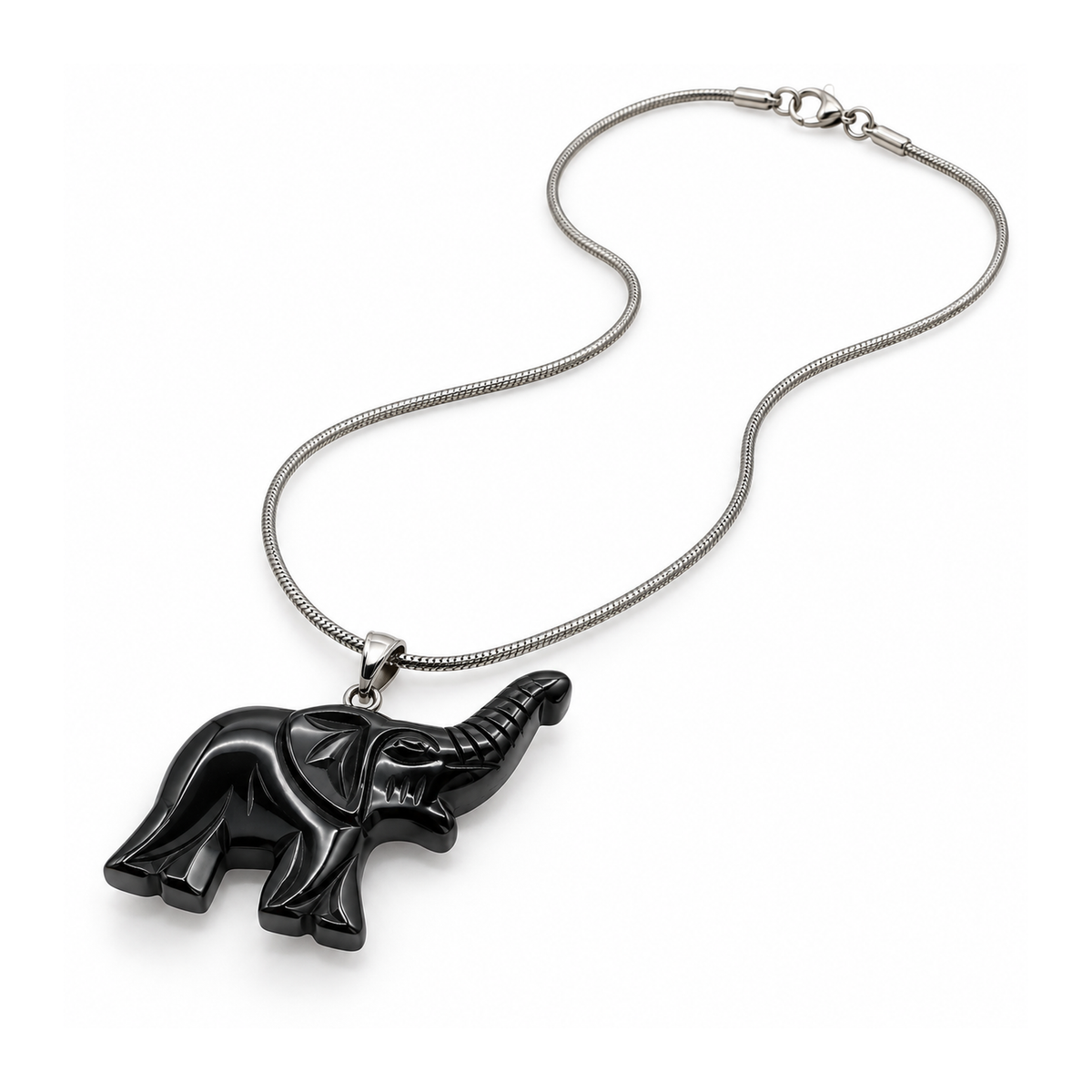 Elevated diagonal view of complete black elephant pendant necklace and silver-tone lobster clasp