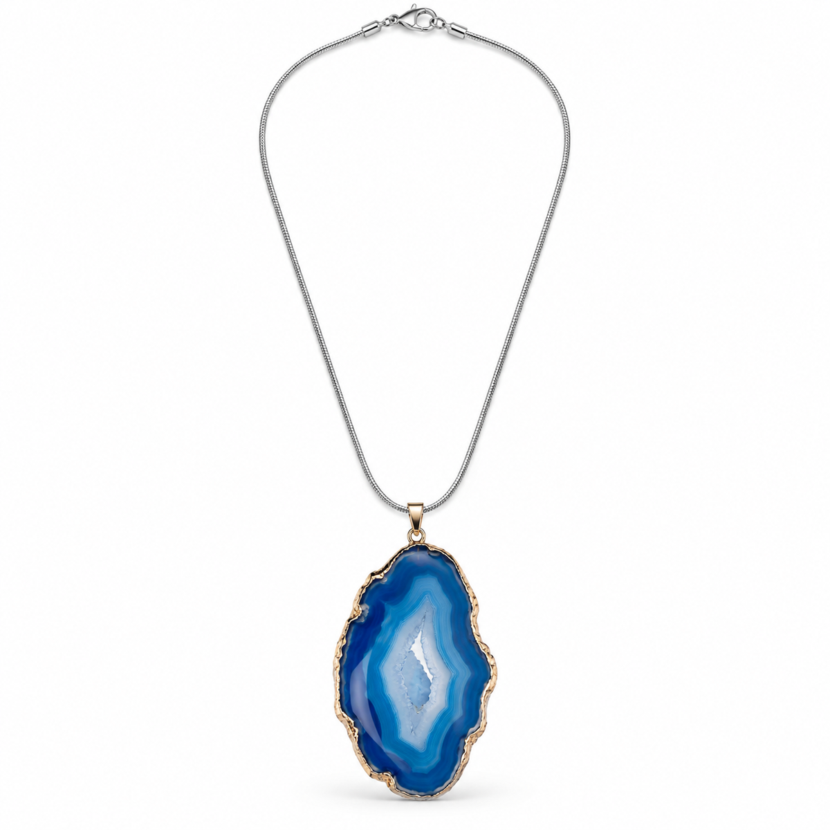 Blue agate slice pendant necklace with gold-tone edging on a silver-tone snake chain