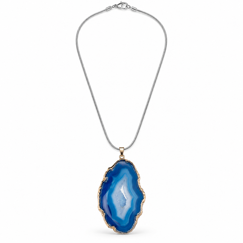 Blue agate slice pendant necklace with gold-tone edging on a silver-tone snake chain
