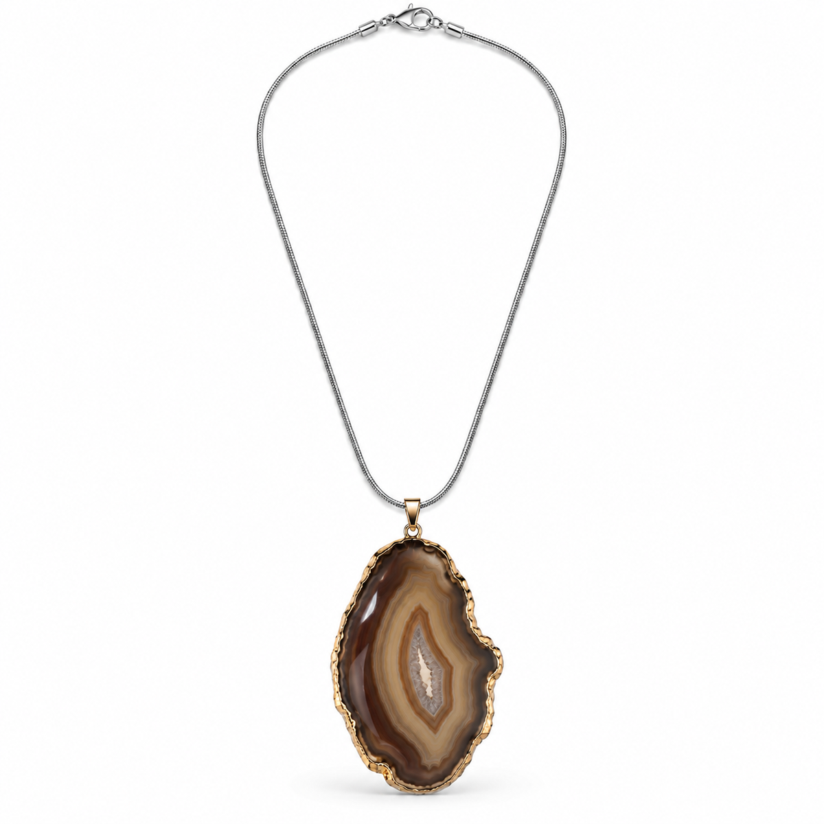 Brown agate slice pendant necklace with gold-tone edging on a silver-tone snake chain