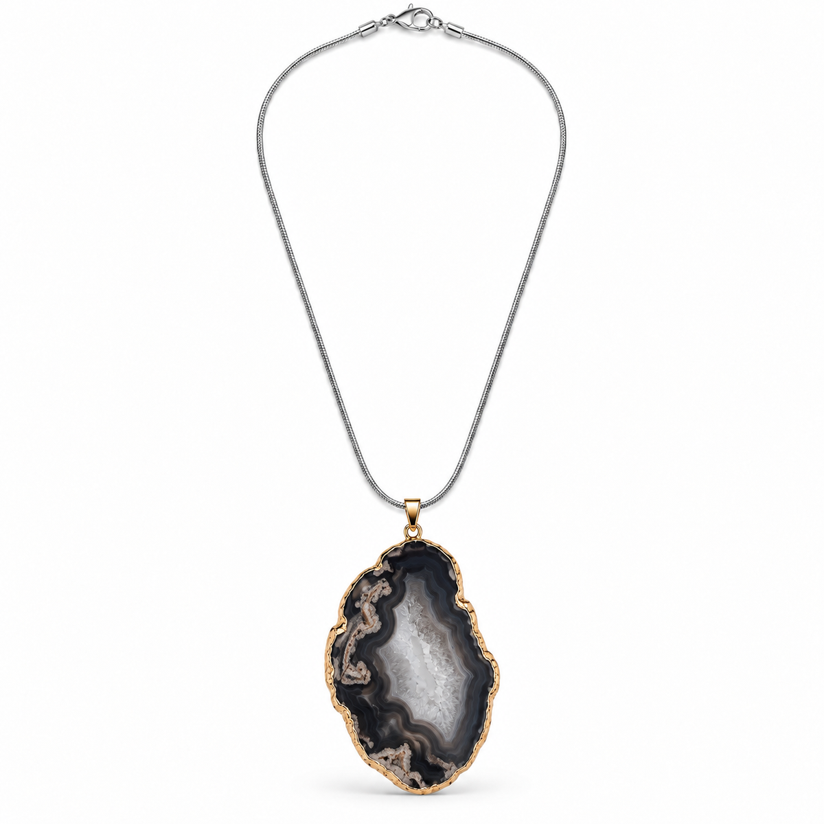 Gray and black agate slice pendant necklace with gold-tone edging on a silver-tone snake chain