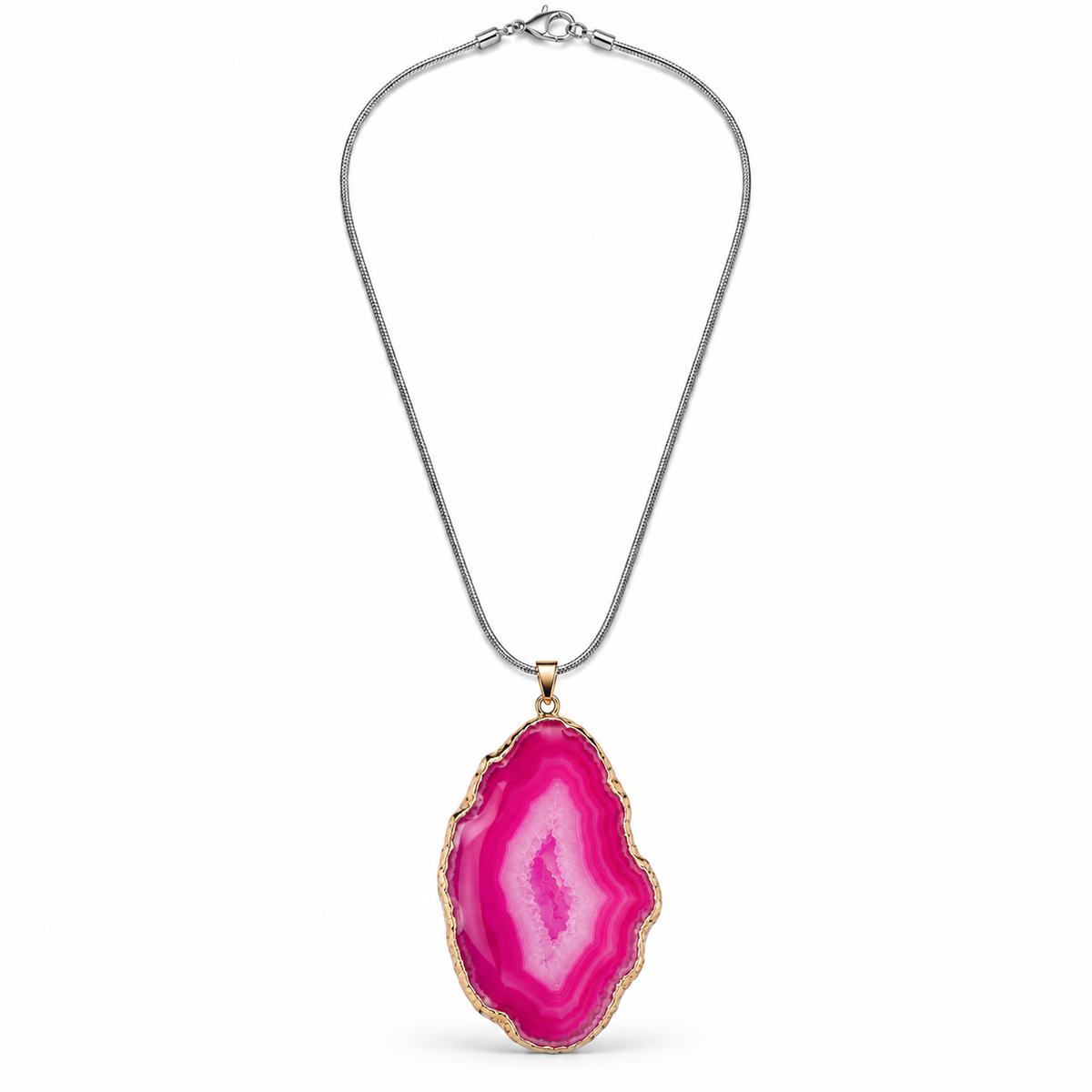 Pink agate slice pendant necklace with gold-tone edging on a silver-tone snake chain