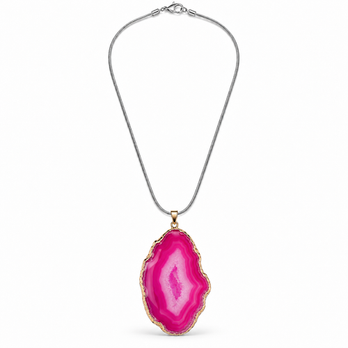 Pink agate slice pendant necklace with gold-tone edging on a silver-tone snake chain